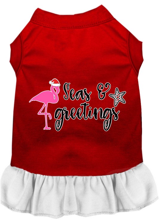 Seas and Greetings Screen Print Dog Dress Red with White Med